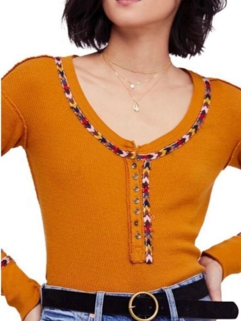 Free People We the Free Rainbow Embellished Thermal Long Sleeve Top Mustard Sz M
